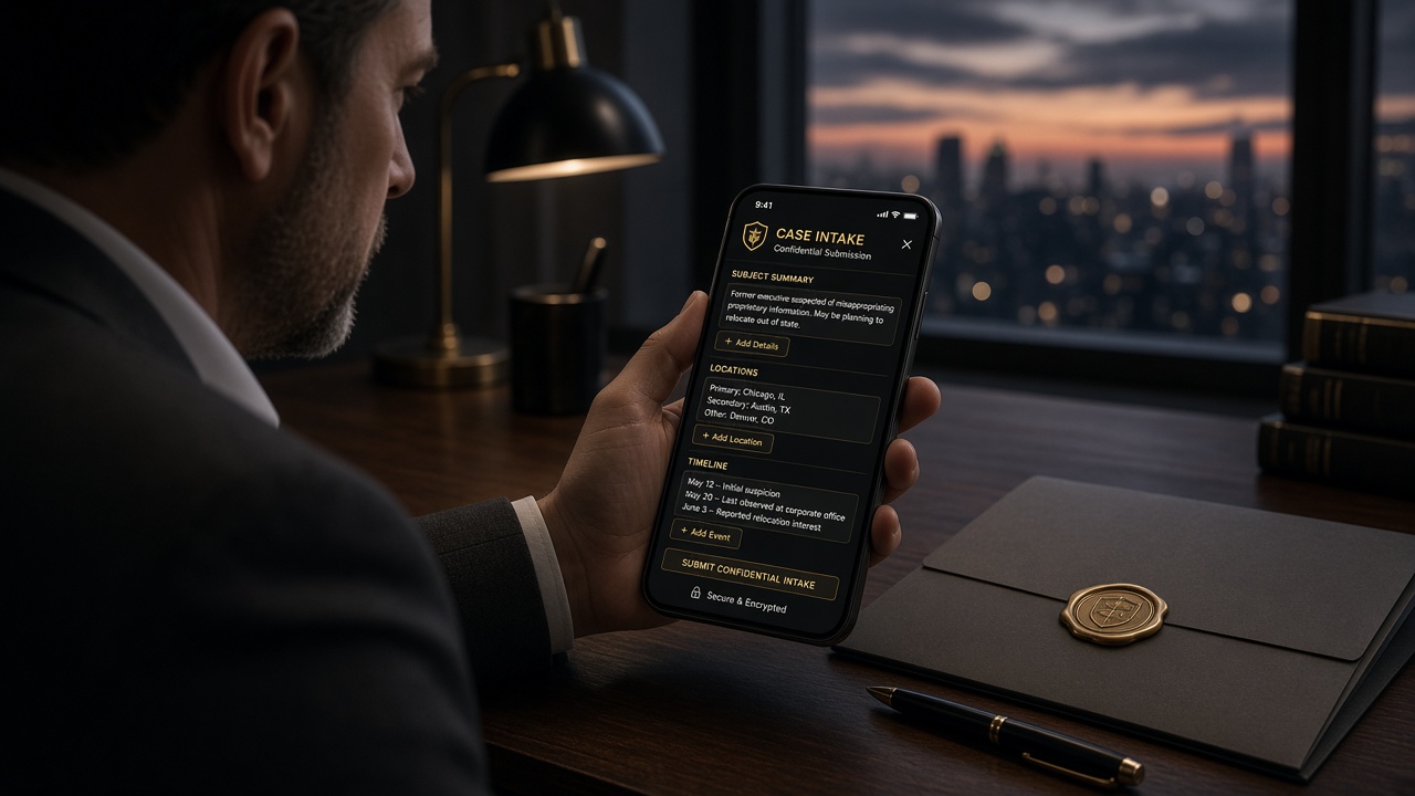 Phone showing a confidential case intake form at dusk