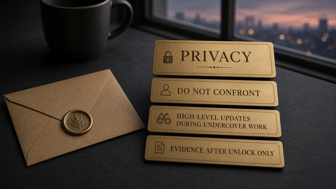 Desk checklist cards for privacy, no confrontation, and unlock timing