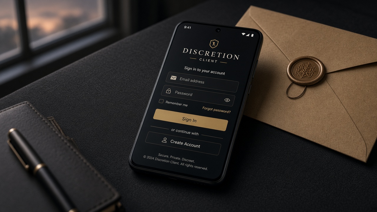 Phone mockup showing Discretion Client sign-in on a dark desk