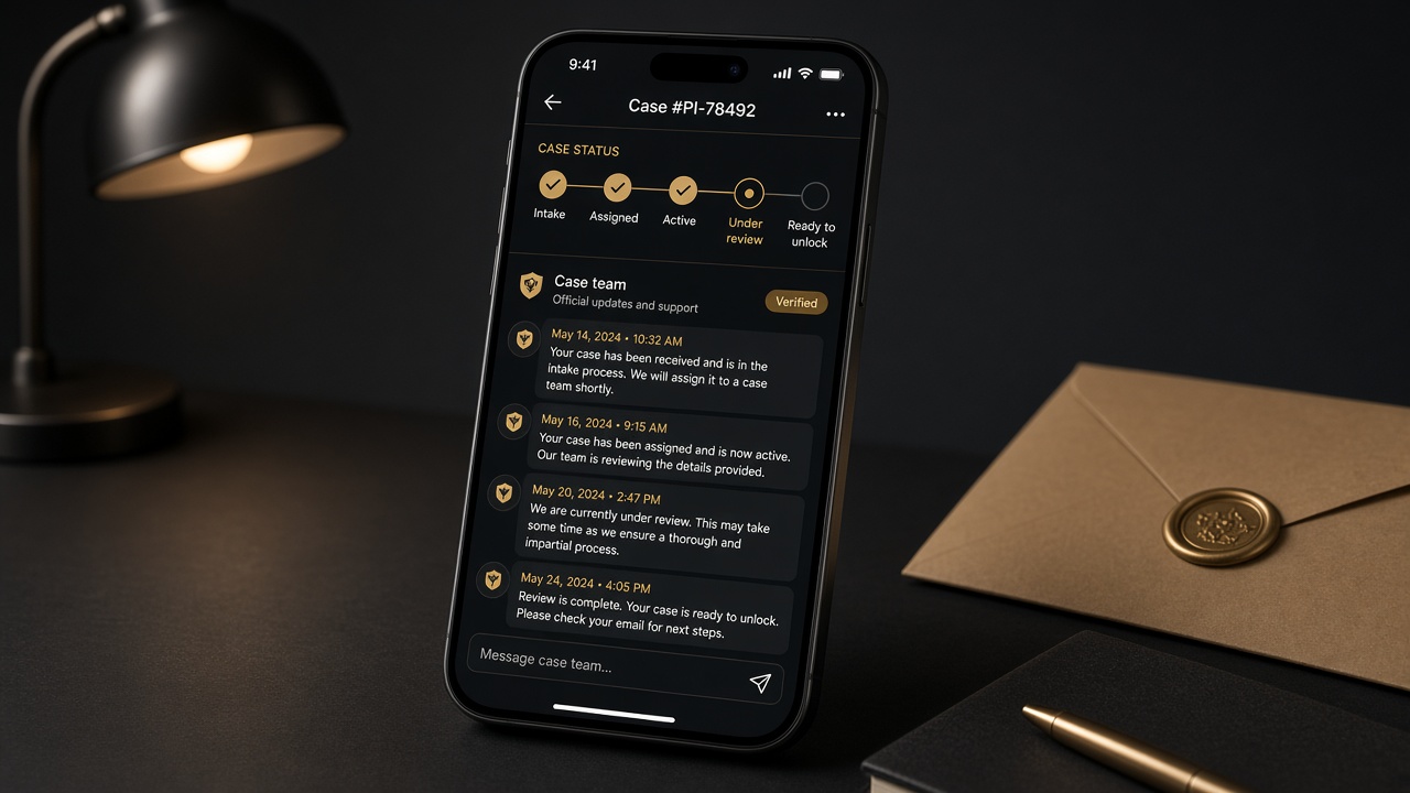 Phone showing case status timeline and Case team support chat