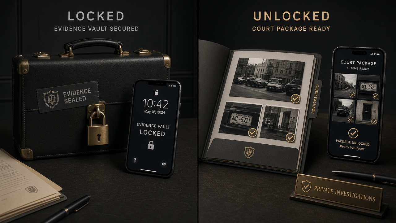 Locked evidence vault contrasted with unlocked approved package