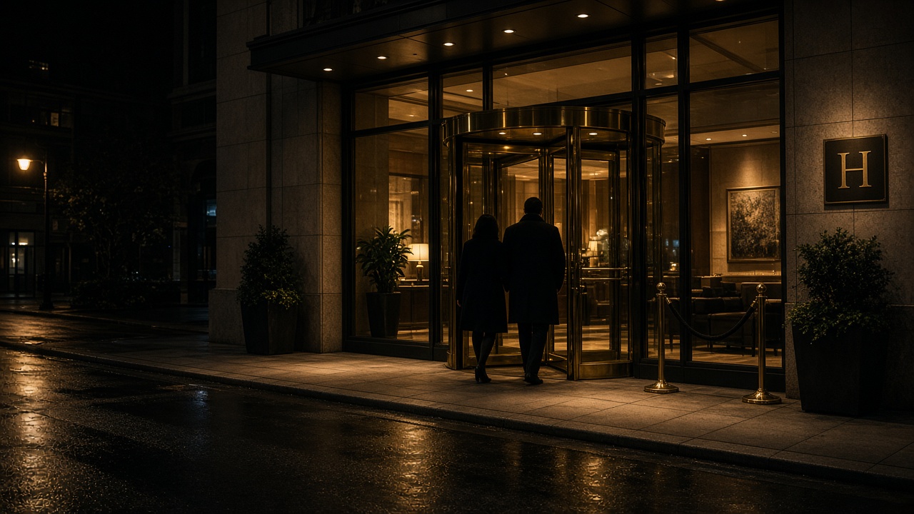 Two adults entering a hotel lobby from the public street at night, faces obscured