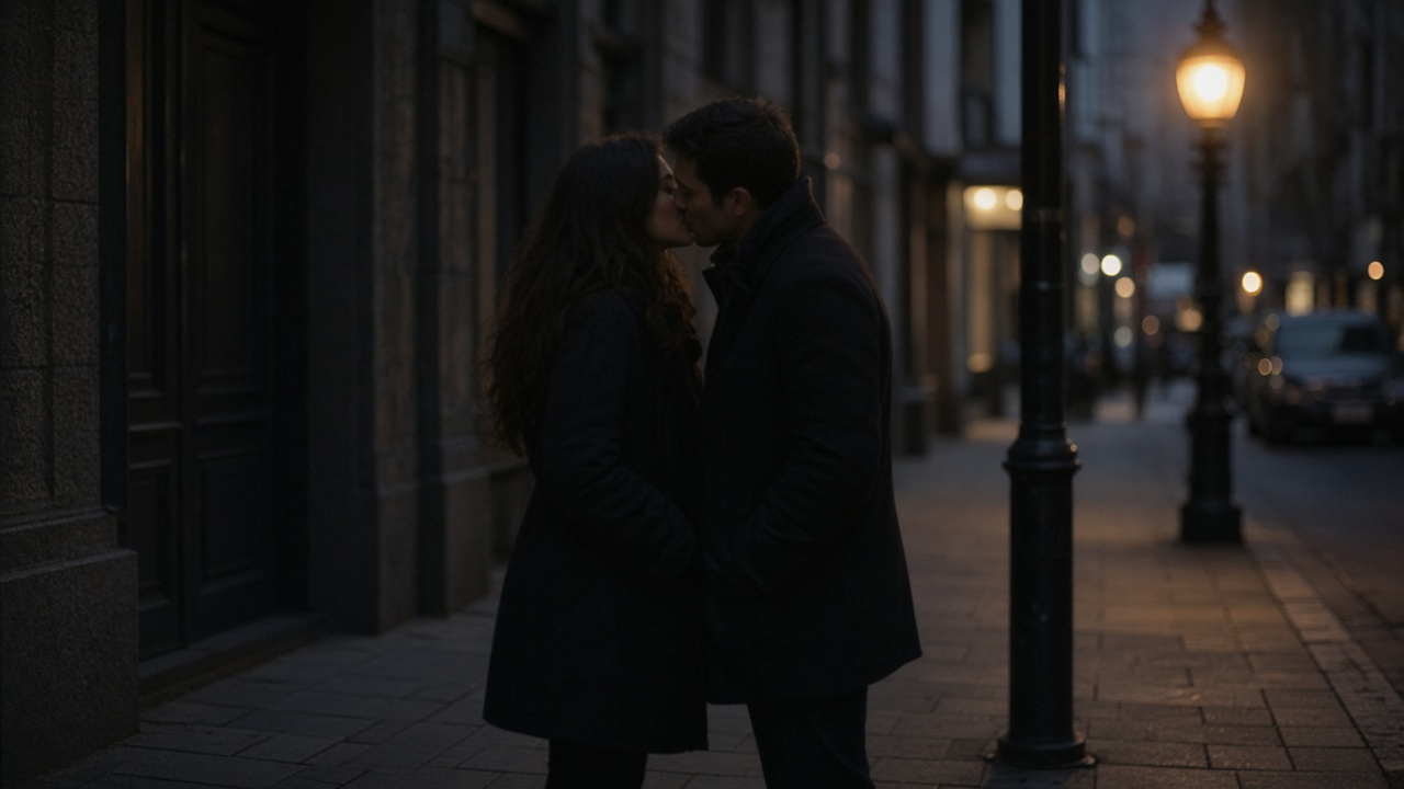 Two adults sharing a brief public kiss on a sidewalk at dusk, discreet distance
