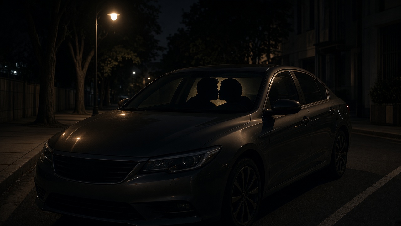 Parked car at night with two adult silhouettes making out, seen from a public sidewalk