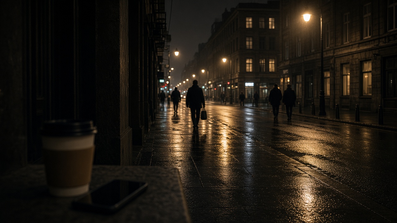 Quiet evening street observation from a public cafe ledge