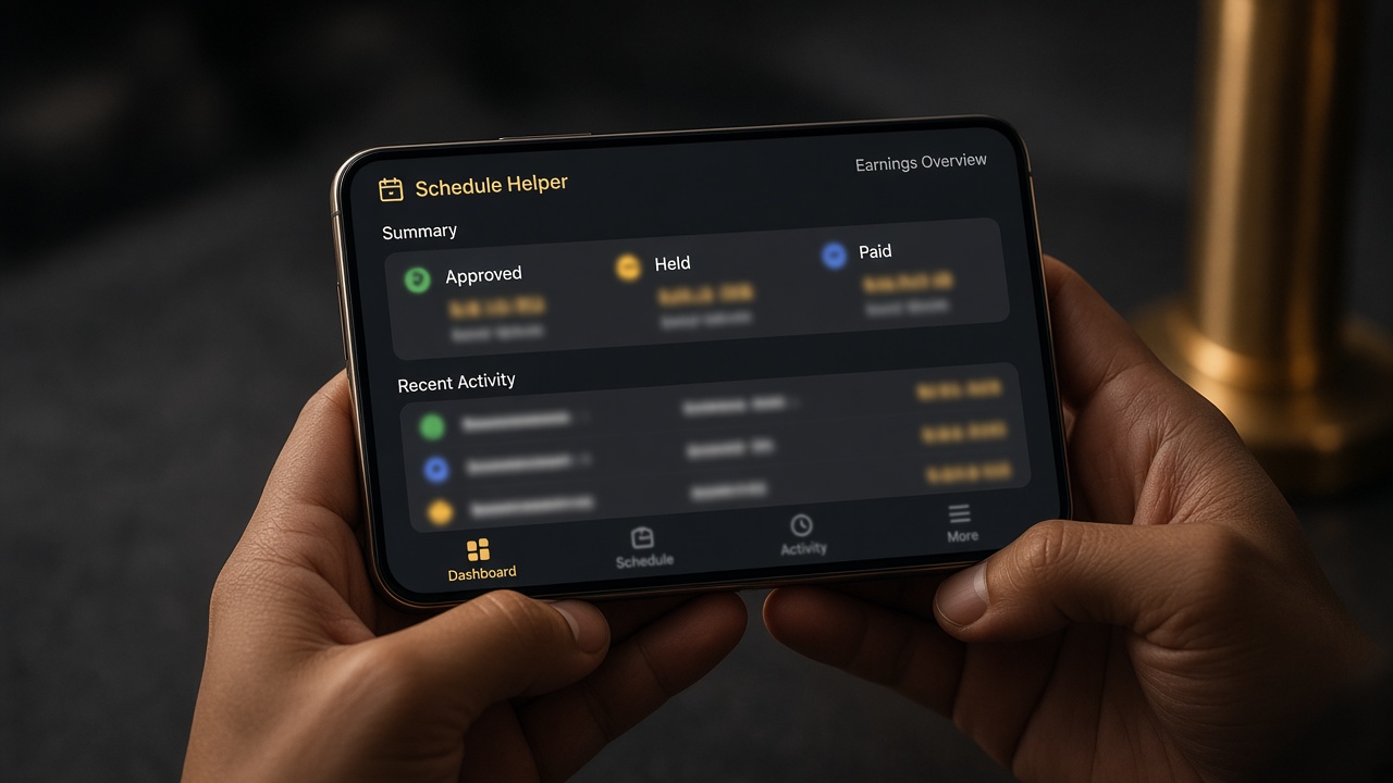 Hands holding a phone showing a blurred Schedule Helper earnings screen