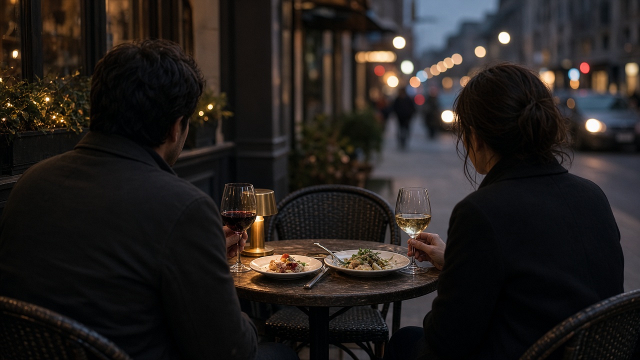 Two adults dining at a public cafe patio, seen from behind at a discreet distance
