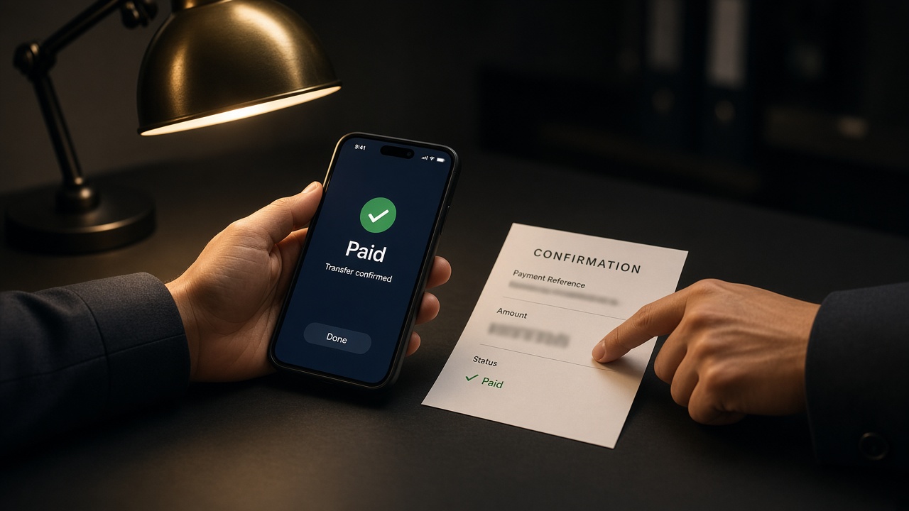 Phone and confirmation slip showing a paid transfer notification