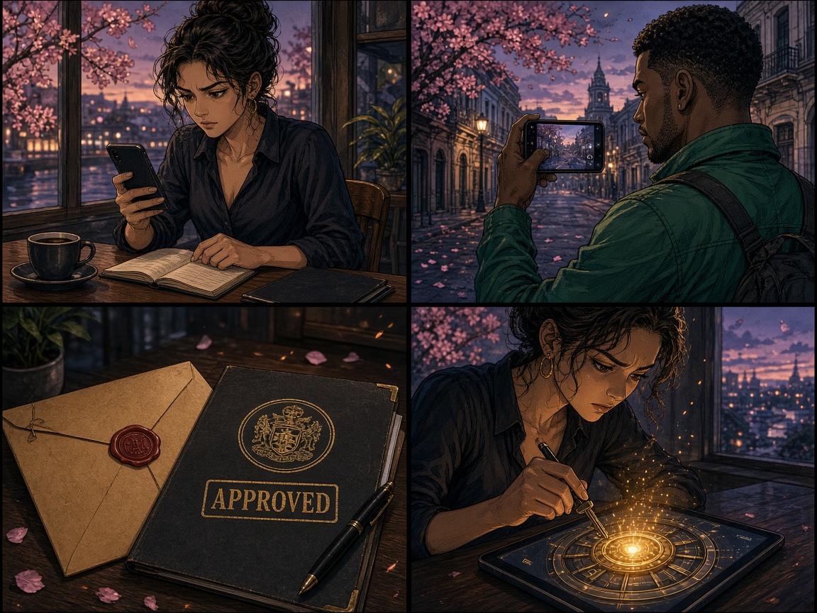 Four-panel comic: tell us, field work, review, unlock
