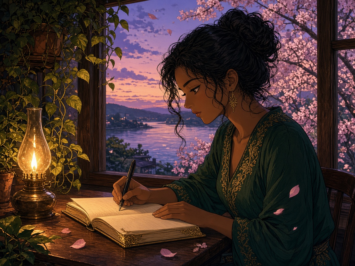 Quiet strength journaling by a riverside window at dusk