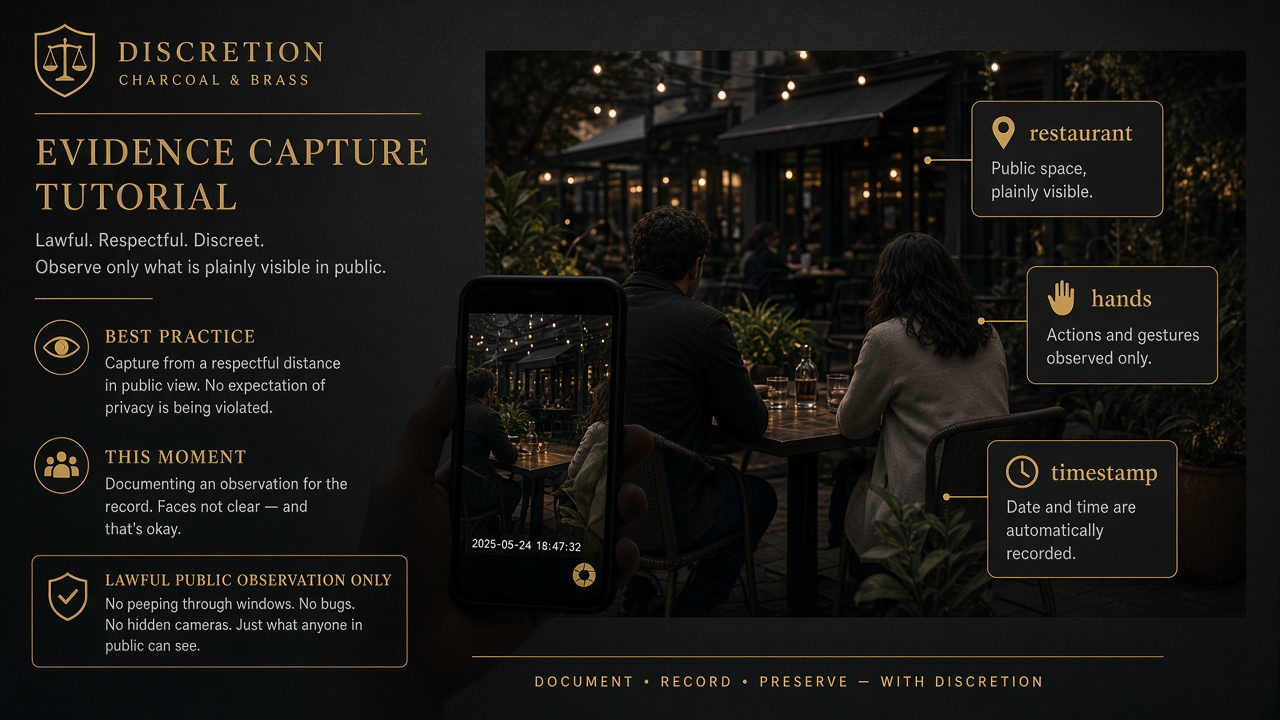Phone capturing a public restaurant patio with evidence tags