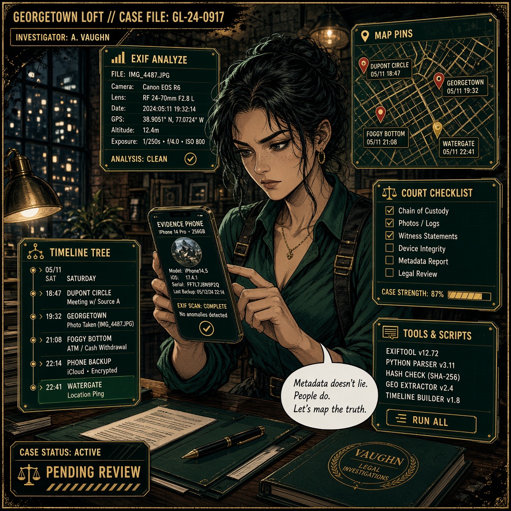 EXIF OCR map timeline and court checklist tools