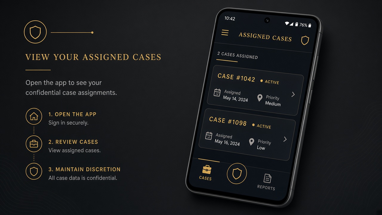 Phone mockup showing assigned cases list in Discretion Field